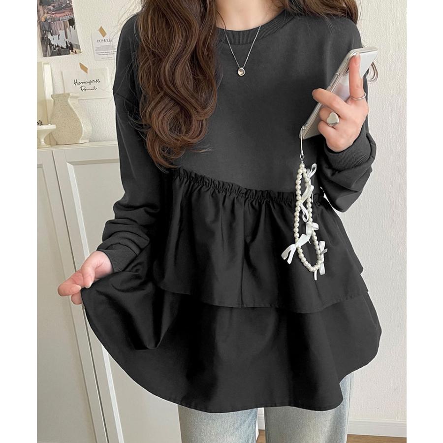トップス Tシャツ レディース アシンメトリー 異素材 切替 ティアード 布帛 フリル 裏毛 プルオーバー 着回し レイヤードコーデ オーバーサイズ | classicalelf | 13