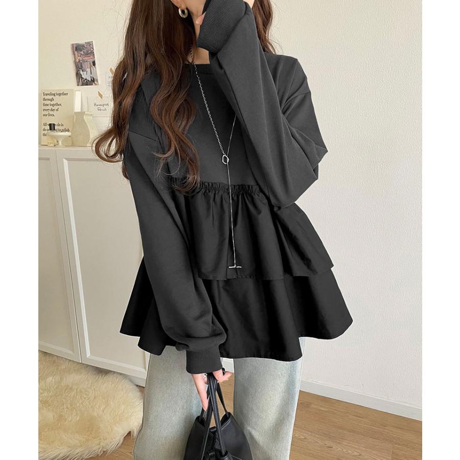 トップス Tシャツ レディース アシンメトリー 異素材 切替 ティアード 布帛 フリル 裏毛 プルオーバー 着回し レイヤードコーデ オーバーサイズ | classicalelf | 14