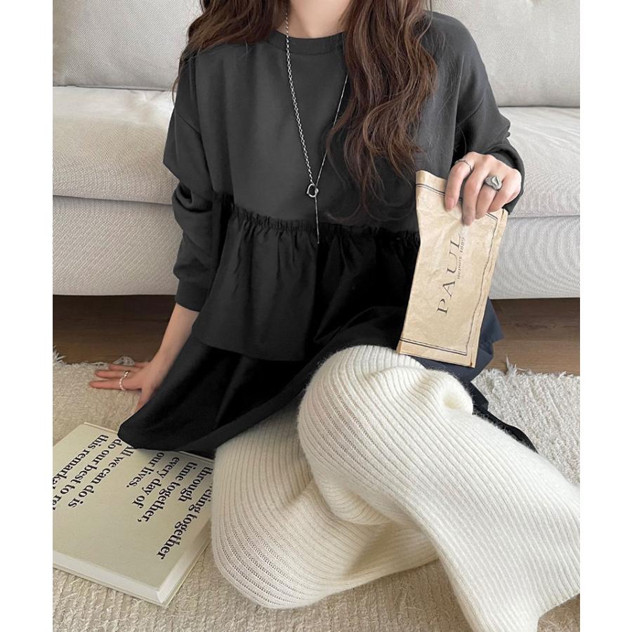 トップス Tシャツ レディース アシンメトリー 異素材 切替 ティアード 布帛 フリル 裏毛 プルオーバー 着回し レイヤードコーデ オーバーサイズ | classicalelf | 15