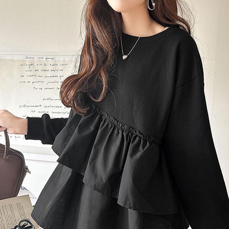 トップス Tシャツ レディース アシンメトリー 異素材 切替 ティアード 布帛 フリル 裏毛 プルオーバー 着回し レイヤードコーデ オーバーサイズ | classicalelf | 18