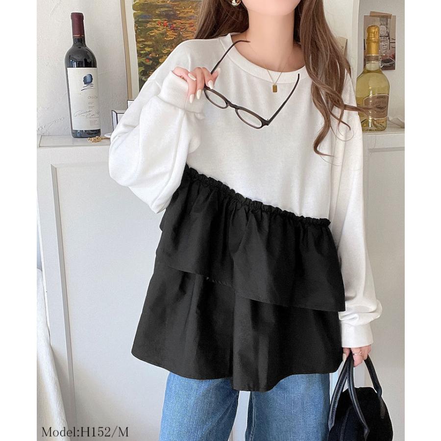 トップス Tシャツ レディース アシンメトリー 異素材 切替 ティアード 布帛 フリル 裏毛 プルオーバー 着回し レイヤードコーデ オーバーサイズ | classicalelf | 02