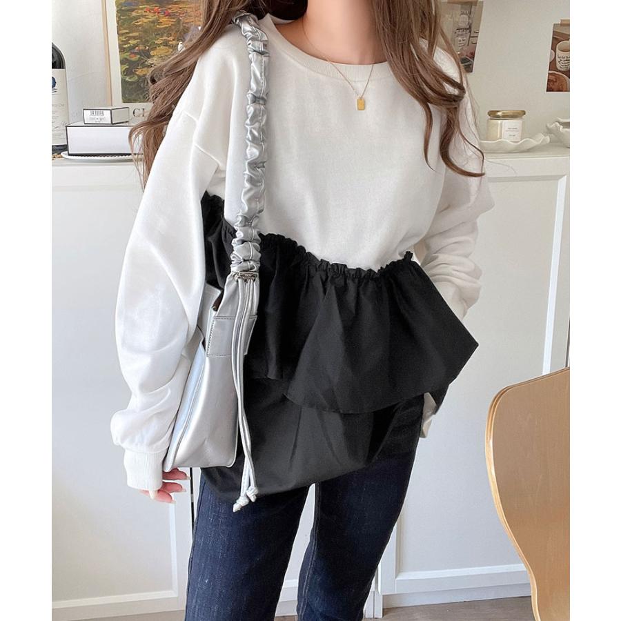 トップス Tシャツ レディース アシンメトリー 異素材 切替 ティアード 布帛 フリル 裏毛 プルオーバー 着回し レイヤードコーデ オーバーサイズ | classicalelf | 03