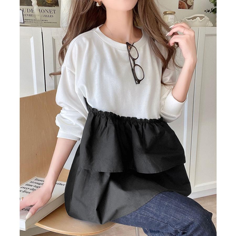 トップス Tシャツ レディース アシンメトリー 異素材 切替 ティアード 布帛 フリル 裏毛 プルオーバー 着回し レイヤードコーデ オーバーサイズ | classicalelf | 04