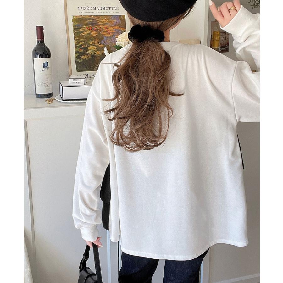 トップス Tシャツ レディース アシンメトリー 異素材 切替 ティアード 布帛 フリル 裏毛 プルオーバー 着回し レイヤードコーデ オーバーサイズ | classicalelf | 05