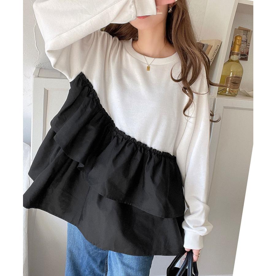 トップス Tシャツ レディース アシンメトリー 異素材 切替 ティアード 布帛 フリル 裏毛 プルオーバー 着回し レイヤードコーデ オーバーサイズ | classicalelf | 06
