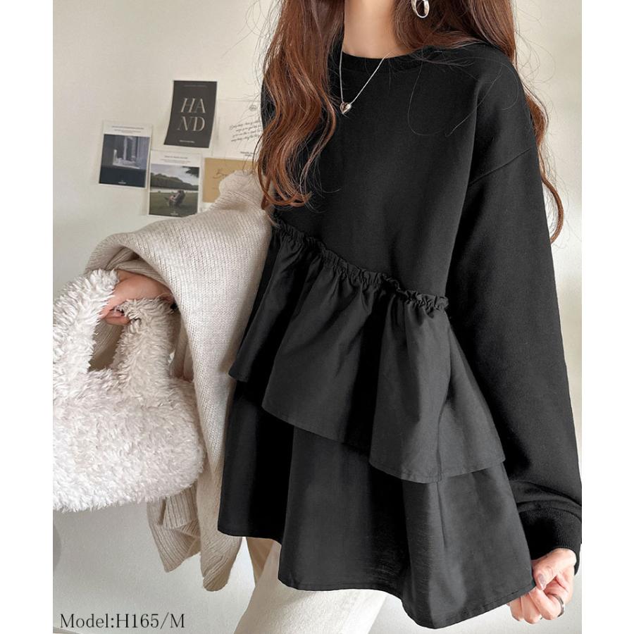 トップス Tシャツ レディース アシンメトリー 異素材 切替 ティアード 布帛 フリル 裏毛 プルオーバー 着回し レイヤードコーデ オーバーサイズ | classicalelf | 07