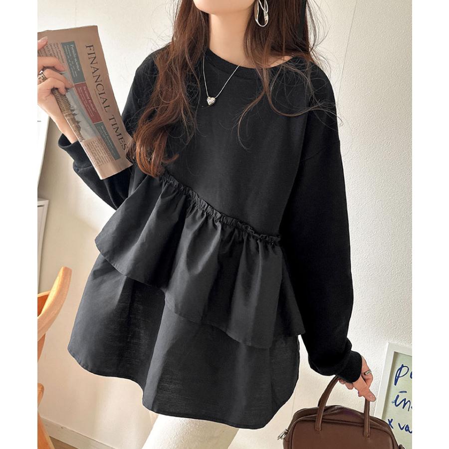 トップス Tシャツ レディース アシンメトリー 異素材 切替 ティアード 布帛 フリル 裏毛 プルオーバー 着回し レイヤードコーデ オーバーサイズ | classicalelf | 08
