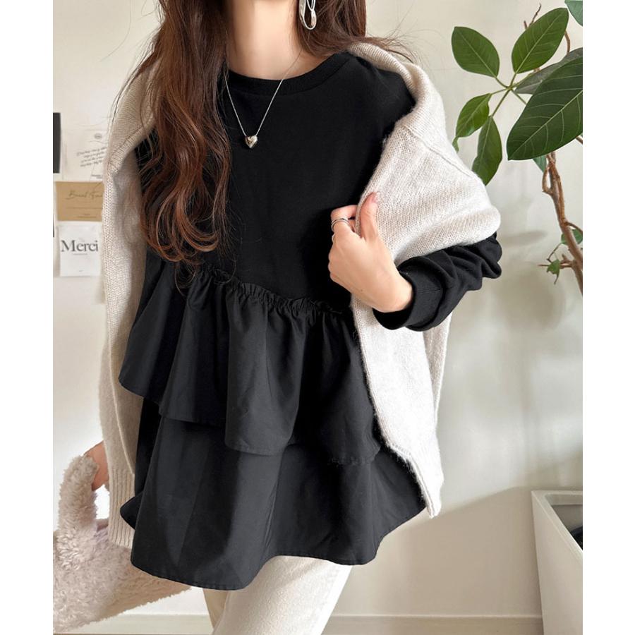 トップス Tシャツ レディース アシンメトリー 異素材 切替 ティアード 布帛 フリル 裏毛 プルオーバー 着回し レイヤードコーデ オーバーサイズ | classicalelf | 09