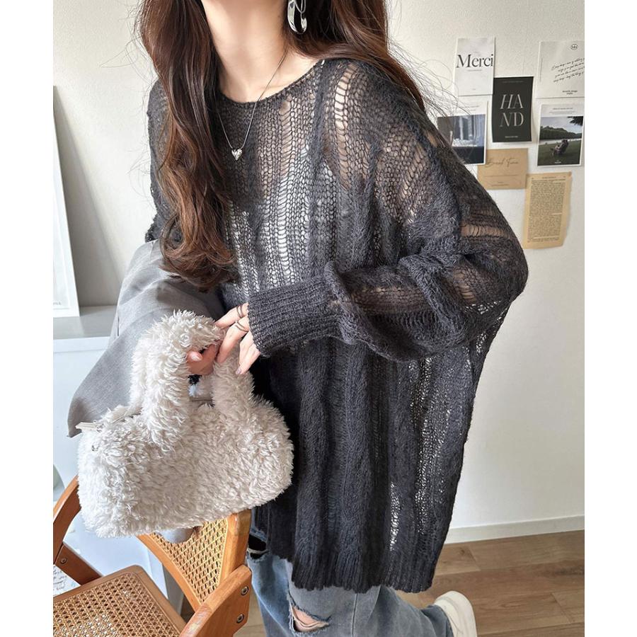 トップス ニット レディース 透かし ケーブル ゆる編み オーバー ニット 華奢見せ ロングシーズン レイヤードコーデ オーバーサイズ 大きい | classicalelf | 12