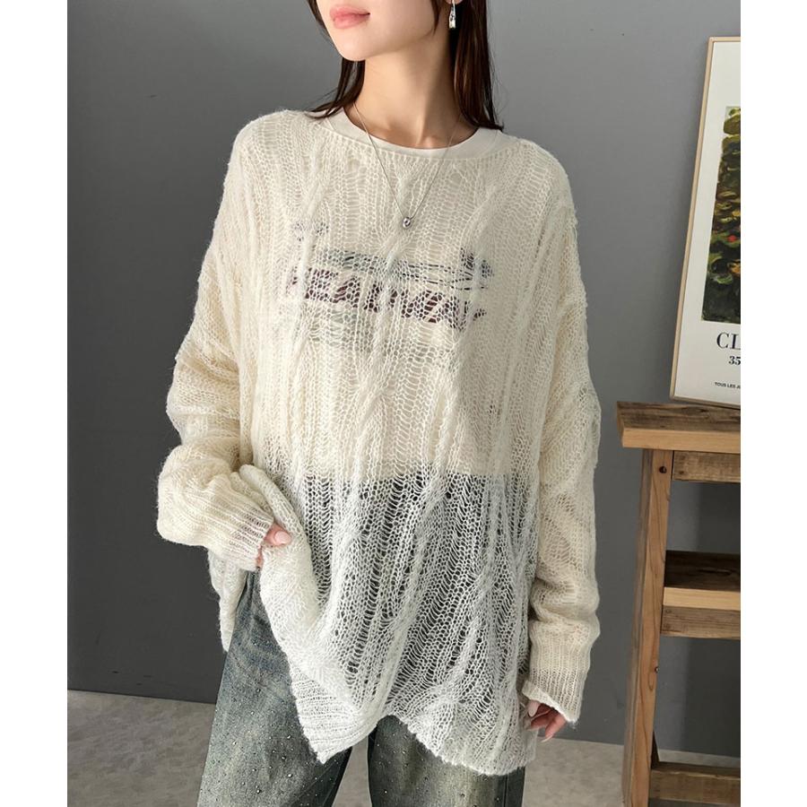 トップス ニット レディース 透かし ケーブル ゆる編み オーバー ニット 華奢見せ ロングシーズン レイヤードコーデ オーバーサイズ 大きい | classicalelf | 06