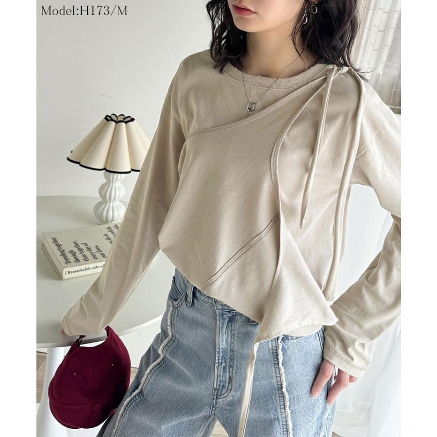 トップス カットソー レディース 綿100% マルチウェイ リボン アシンメトリー ホルターネック シンプル フィンガーホール くしゅくしゅ かわいい | classicalelf | 12