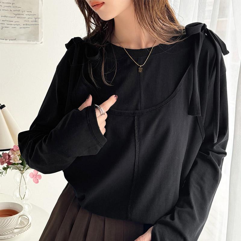 トップス カットソー レディース 綿100% マルチウェイ リボン アシンメトリー ホルターネック シンプル フィンガーホール くしゅくしゅ かわいい | classicalelf | 18