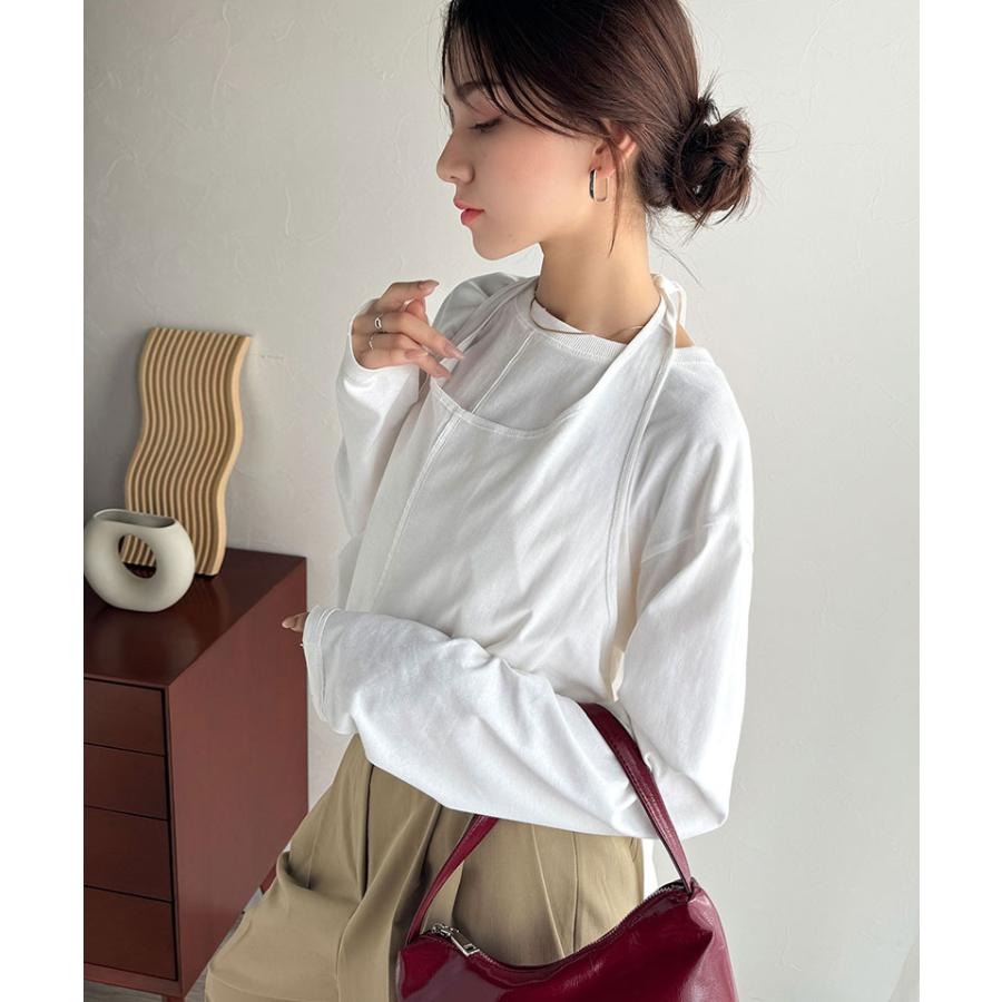 トップス カットソー レディース 綿100% マルチウェイ リボン アシンメトリー ホルターネック シンプル フィンガーホール くしゅくしゅ かわいい | classicalelf | 05