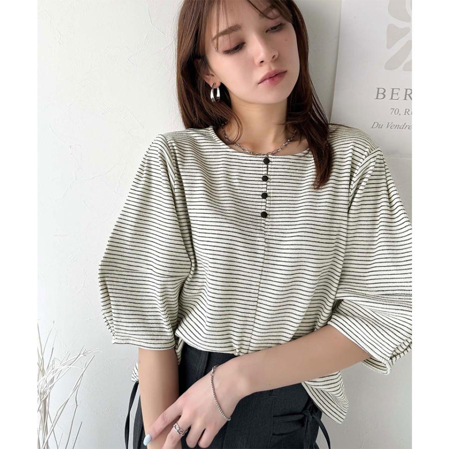 【 クラシカルエルフ classical elf 】 tシャツ レディース 半袖 トップス カットソー ランタンスリーブ ボーダー 細ボーダー 前後２way 綿混カットソー | classicalelf | 02