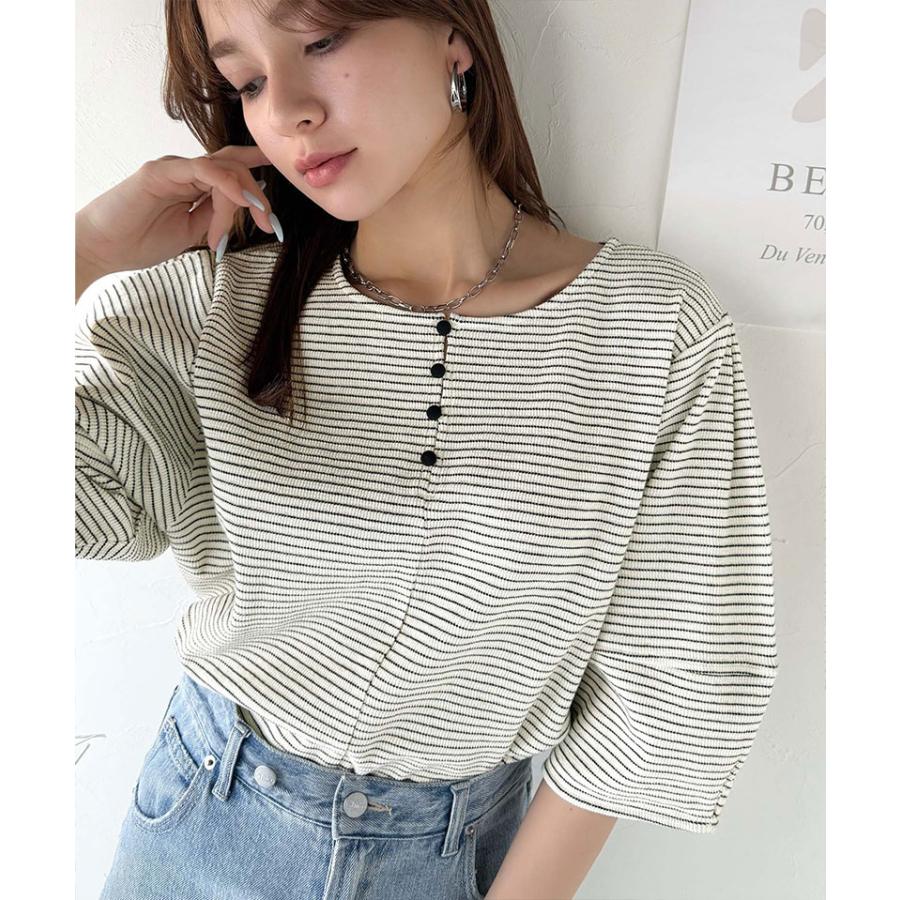 【 クラシカルエルフ classical elf 】 tシャツ レディース 半袖 トップス カットソー ランタンスリーブ ボーダー 細ボーダー 前後２way 綿混カットソー | classicalelf | 03