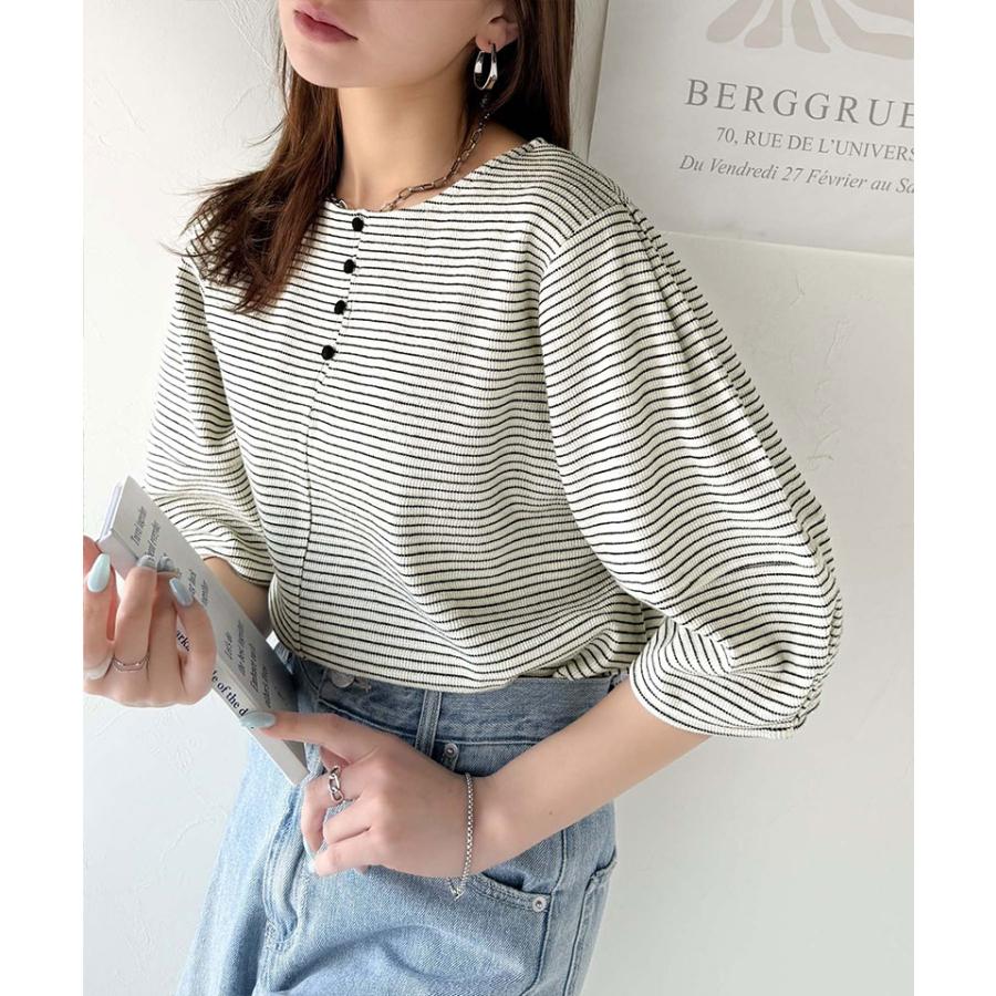 【 クラシカルエルフ classical elf 】 tシャツ レディース 半袖 トップス カットソー ランタンスリーブ ボーダー 細ボーダー 前後２way 綿混カットソー | classicalelf | 04