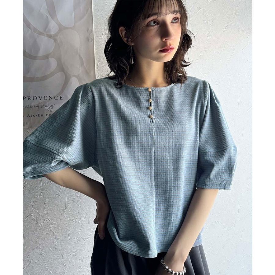 【 クラシカルエルフ classical elf 】 tシャツ レディース 半袖 トップス カットソー ランタンスリーブ ボーダー 細ボーダー 前後２way 綿混カットソー | classicalelf | 09