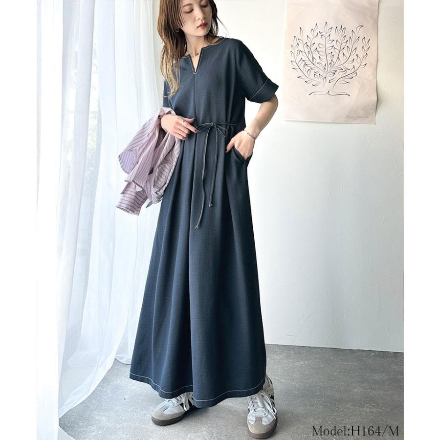 ワンピース 夏 レディース フロント タック キーネック 配色 ステッチ ワンピ ロング 丈 気流染め 付き ゆるっと オーバーサイズ 大きいサイズ | classicalelf | 13