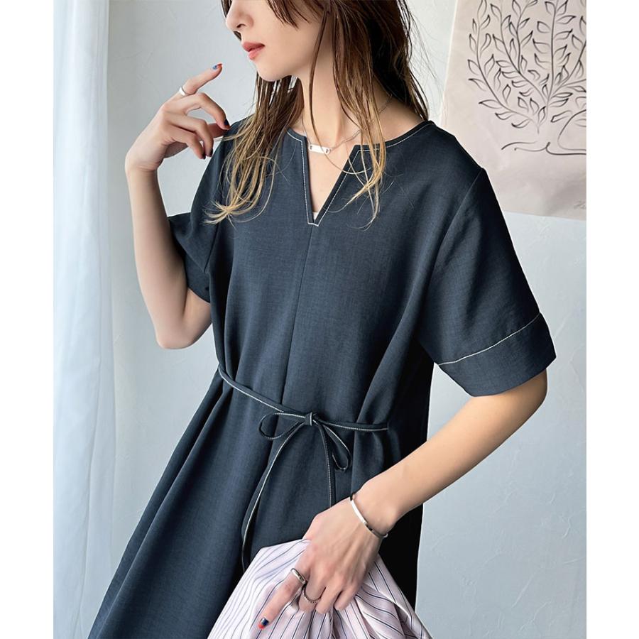 ワンピース 夏 レディース フロント タック キーネック 配色 ステッチ ワンピ ロング 丈 気流染め 付き ゆるっと オーバーサイズ 大きいサイズ | classicalelf | 14