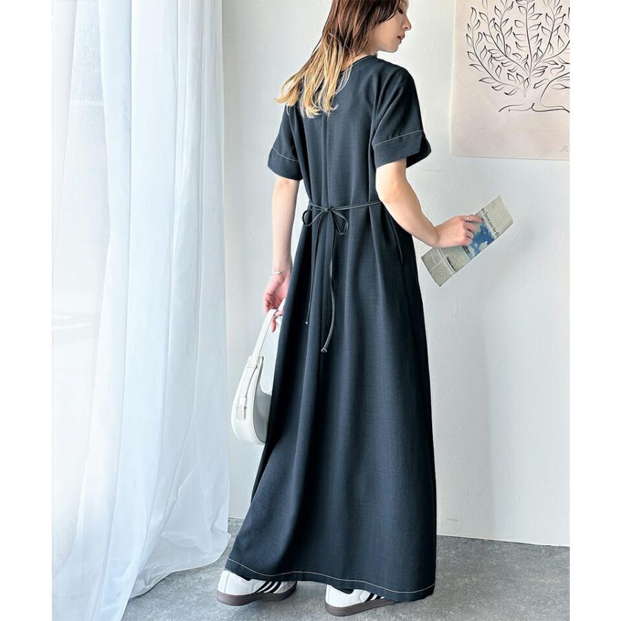 ワンピース 夏 レディース フロント タック キーネック 配色 ステッチ ワンピ ロング 丈 気流染め 付き ゆるっと オーバーサイズ 大きいサイズ | classicalelf | 15