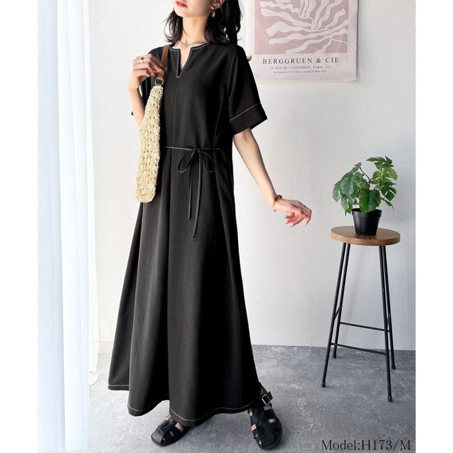 ワンピース 夏 レディース フロント タック キーネック 配色 ステッチ ワンピ ロング 丈 気流染め 付き ゆるっと オーバーサイズ 大きいサイズ | classicalelf | 02