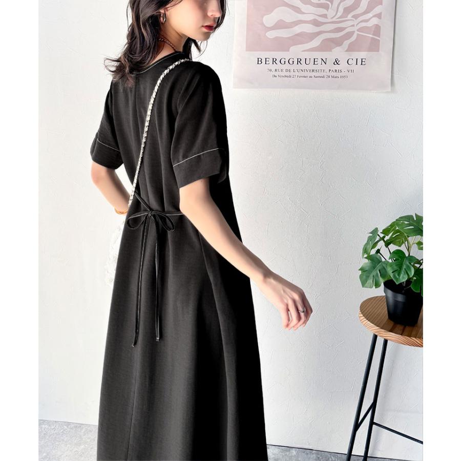 ワンピース 夏 レディース フロント タック キーネック 配色 ステッチ ワンピ ロング 丈 気流染め 付き ゆるっと オーバーサイズ 大きいサイズ | classicalelf | 03