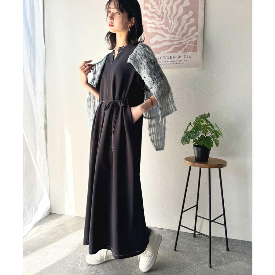 ワンピース 夏 レディース フロント タック キーネック 配色 ステッチ ワンピ ロング 丈 気流染め 付き ゆるっと オーバーサイズ 大きいサイズ | classicalelf | 04