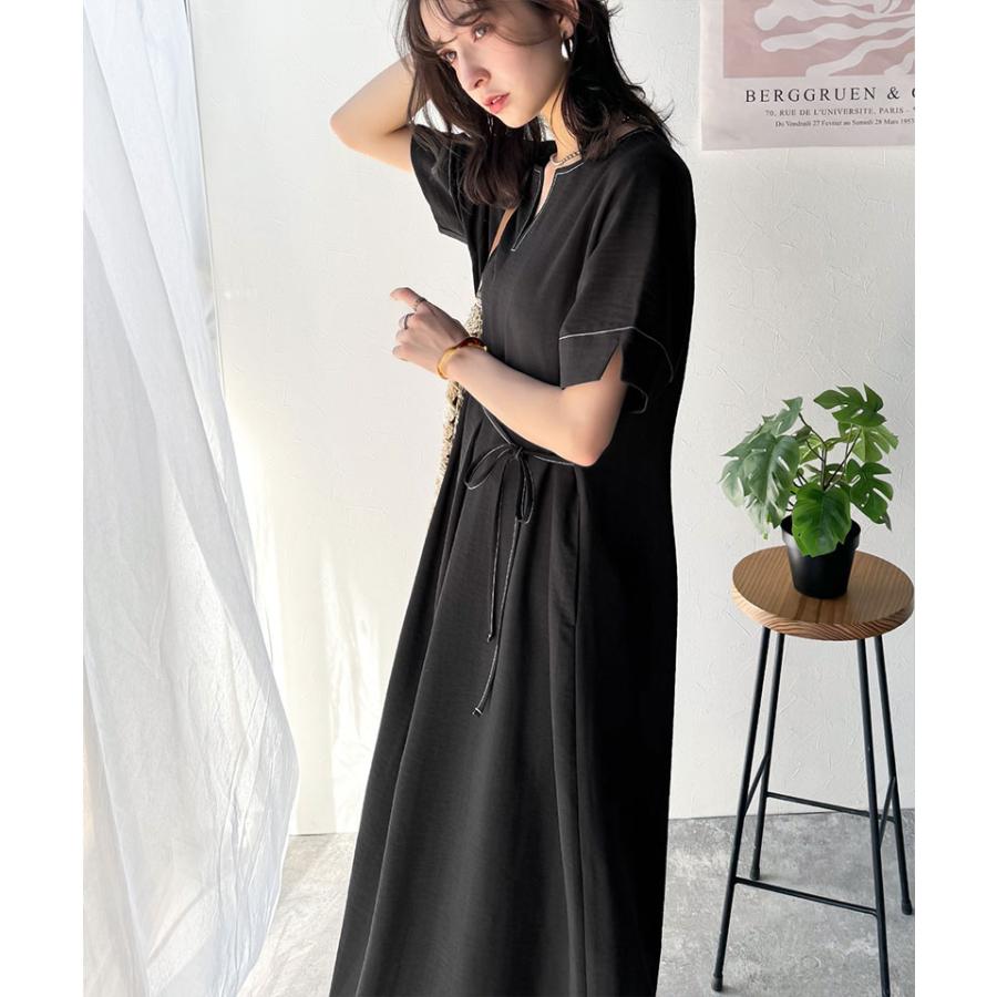 ワンピース 夏 レディース フロント タック キーネック 配色 ステッチ ワンピ ロング 丈 気流染め 付き ゆるっと オーバーサイズ 大きいサイズ | classicalelf | 05