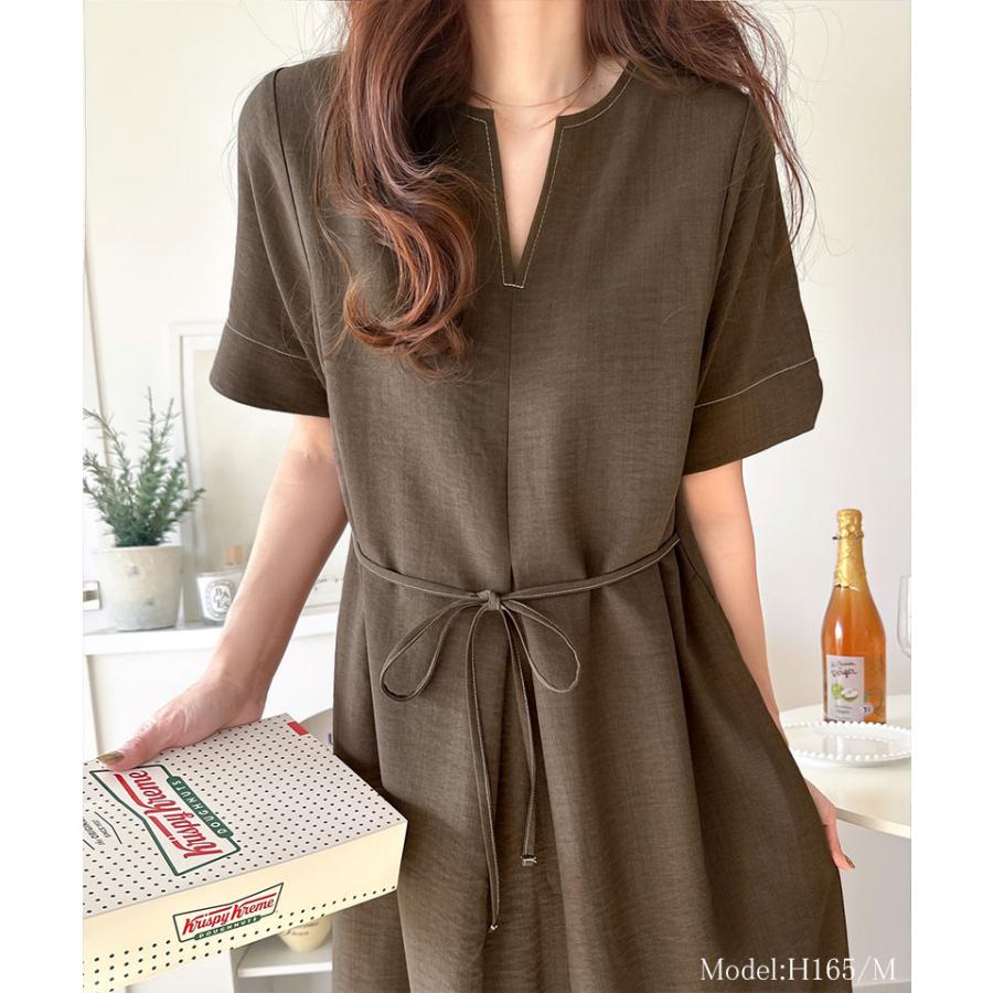 ワンピース 夏 レディース フロント タック キーネック 配色 ステッチ ワンピ ロング 丈 気流染め 付き ゆるっと オーバーサイズ 大きいサイズ | classicalelf | 06