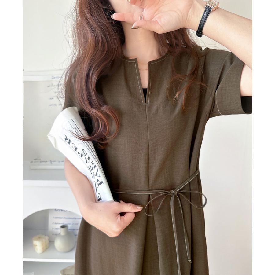 ワンピース 夏 レディース フロント タック キーネック 配色 ステッチ ワンピ ロング 丈 気流染め 付き ゆるっと オーバーサイズ 大きいサイズ | classicalelf | 07