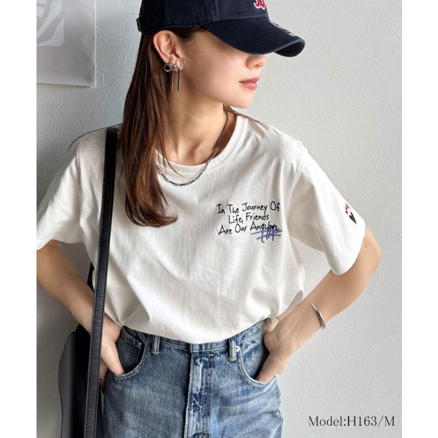 【sustaina+】 tシャツ レディース 半袖 半袖 クルーネック らくがき 刺繍 オーガニックコットン 綿100％ シルケット風 デザイン刺繍 天竺素材 | classicalelf | 01
