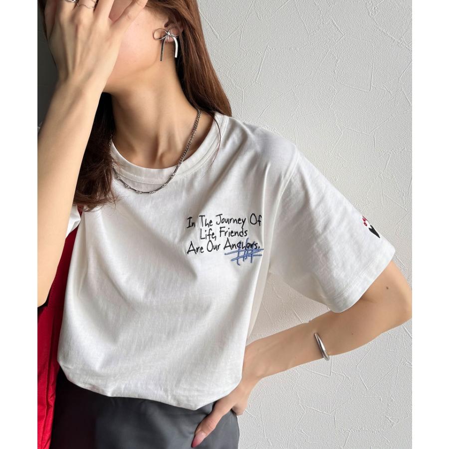 【sustaina+】 tシャツ レディース 半袖 半袖 クルーネック らくがき 刺繍 オーガニックコットン 綿100％ シルケット風 デザイン刺繍 天竺素材 | classicalelf | 02