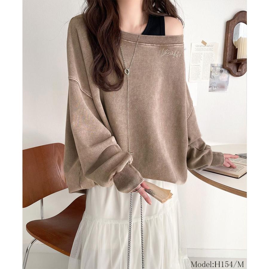 トップス スウェット レディース 前後 2WAY ヴィンテージ 加工 裏毛 素材 オフショル ワンポイント プルオーバー ゆるっと オーバーサイズ | classicalelf | 10