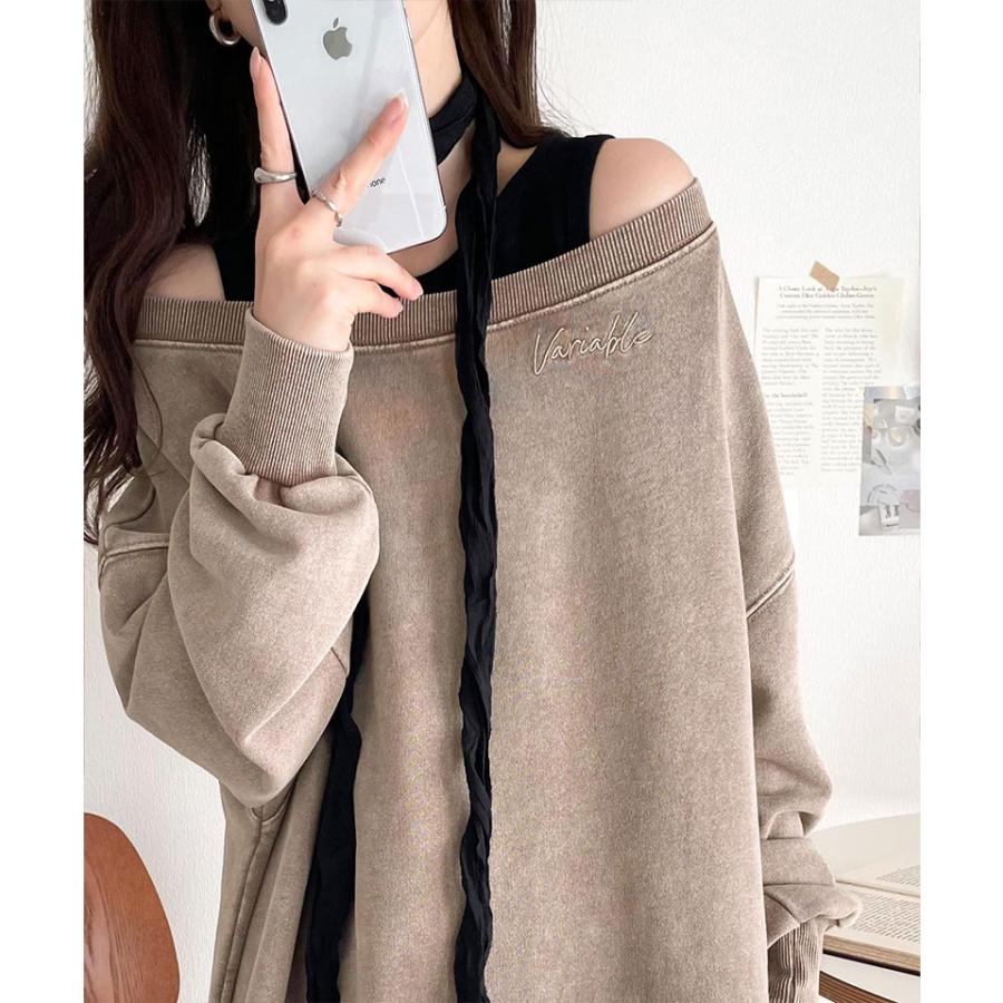 トップス スウェット レディース 前後 2WAY ヴィンテージ 加工 裏毛 素材 オフショル ワンポイント プルオーバー ゆるっと オーバーサイズ | classicalelf | 11