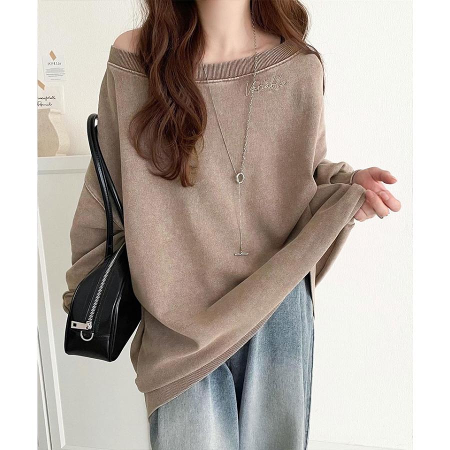 トップス スウェット レディース 前後 2WAY ヴィンテージ 加工 裏毛 素材 オフショル ワンポイント プルオーバー ゆるっと オーバーサイズ | classicalelf | 12