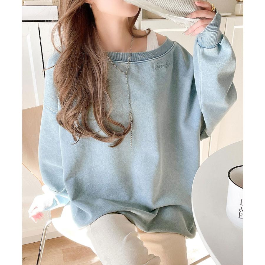 トップス スウェット レディース 前後 2WAY ヴィンテージ 加工 裏毛 素材 オフショル ワンポイント プルオーバー ゆるっと オーバーサイズ | classicalelf | 15