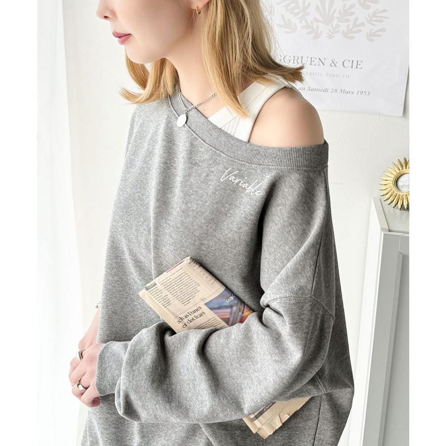 トップス スウェット レディース 前後 2WAY ヴィンテージ 加工 裏毛 素材 オフショル ワンポイント プルオーバー ゆるっと オーバーサイズ | classicalelf | 03