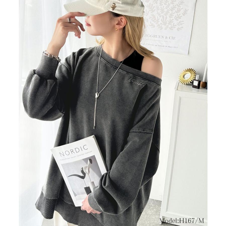 トップス スウェット レディース 前後 2WAY ヴィンテージ 加工 裏毛 素材 オフショル ワンポイント プルオーバー ゆるっと オーバーサイズ | classicalelf | 06