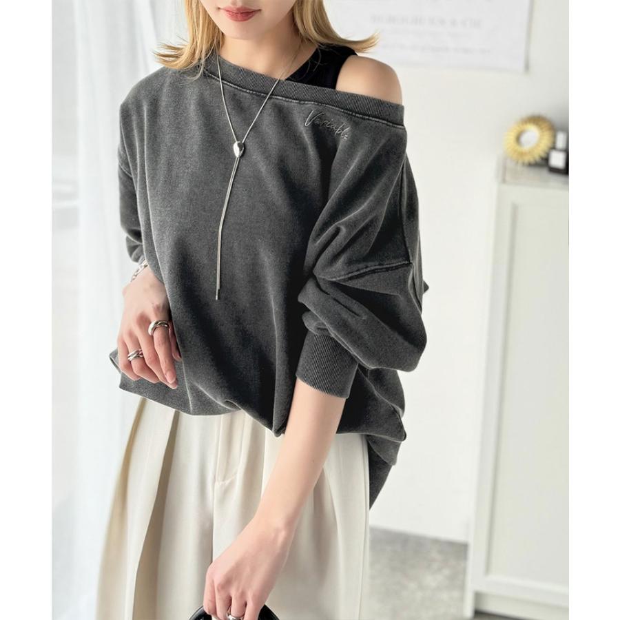 トップス スウェット レディース 前後 2WAY ヴィンテージ 加工 裏毛 素材 オフショル ワンポイント プルオーバー ゆるっと オーバーサイズ | classicalelf | 07