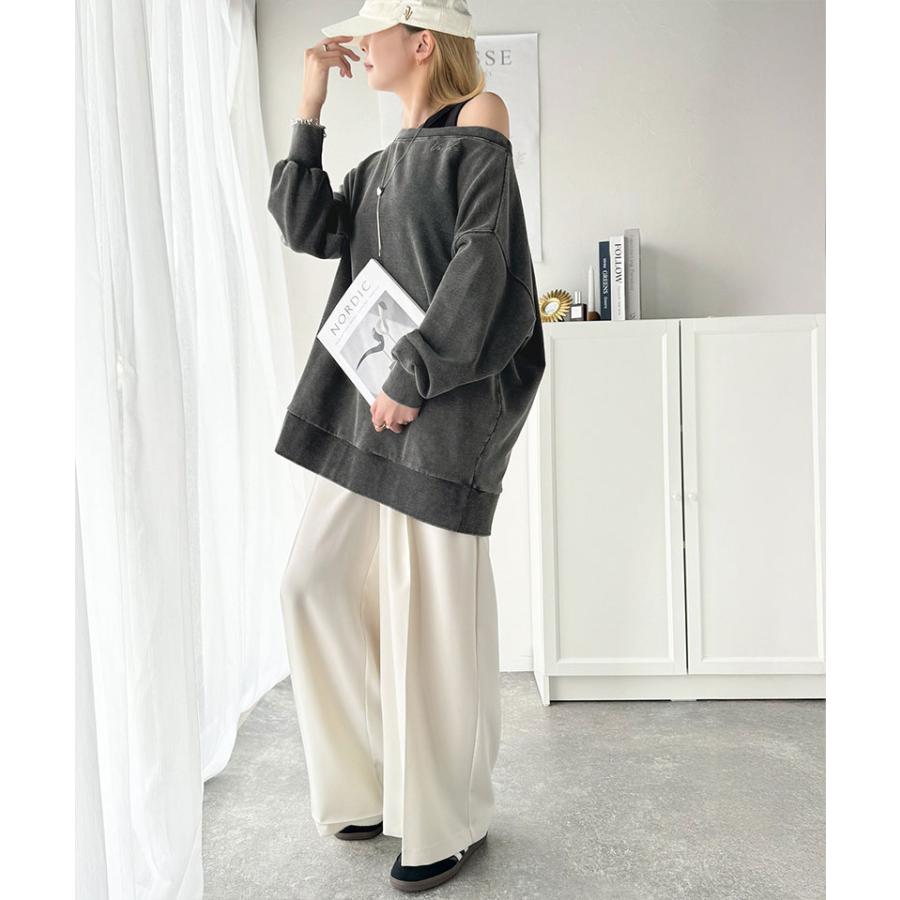 トップス スウェット レディース 前後 2WAY ヴィンテージ 加工 裏毛 素材 オフショル ワンポイント プルオーバー ゆるっと オーバーサイズ | classicalelf | 08