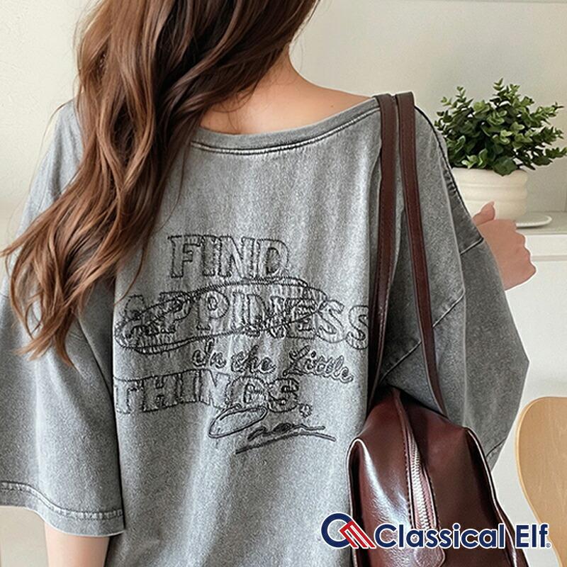 【 クラシカルエルフ classical elf 】 tシャツ レディース 半袖 前後2WAY ヴィンテージ刺繍 Tシャツ 綿100% 大人のこなれ感 ワイドネック半袖 | classicalelf