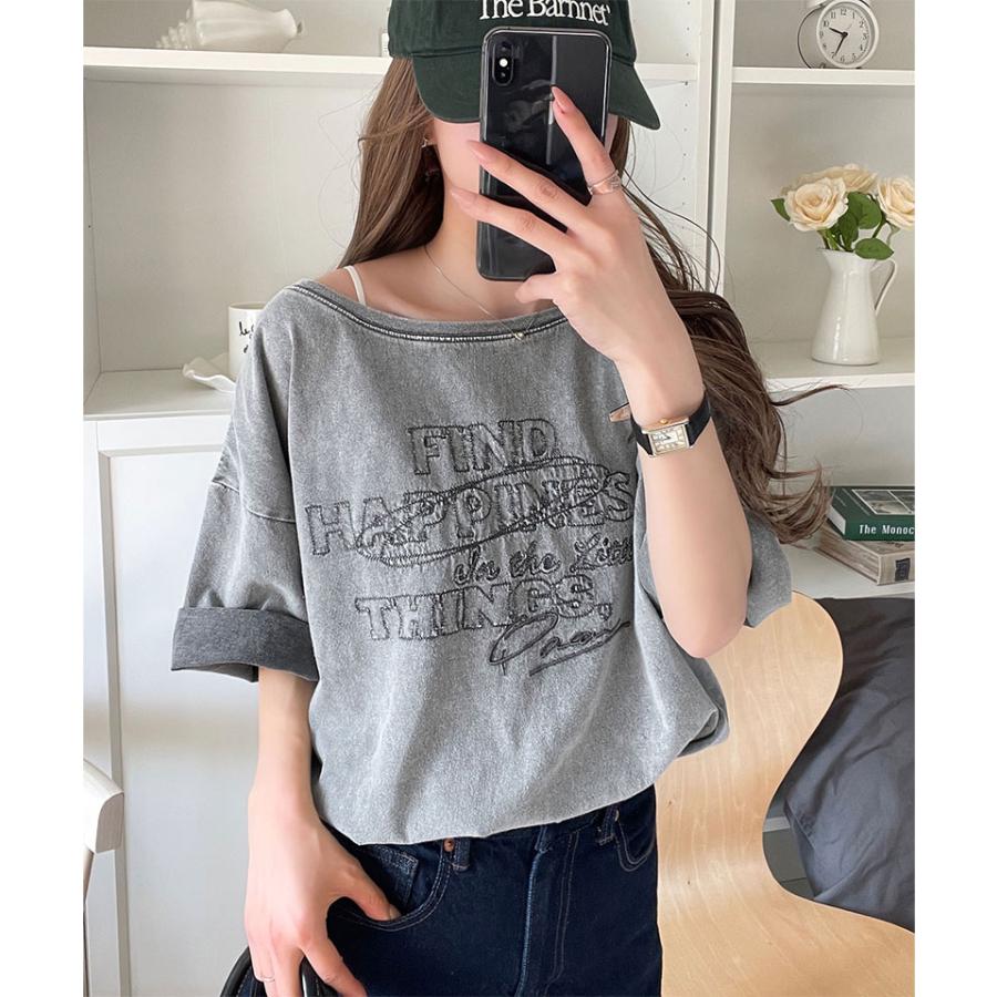 【 クラシカルエルフ classical elf 】 tシャツ レディース 半袖 前後2WAY ヴィンテージ刺繍 Tシャツ 綿100% 大人のこなれ感 ワイドネック半袖 | classicalelf | 01
