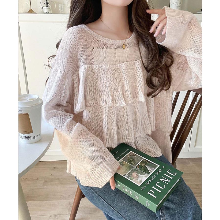 【 クラシカルエルフ classical elf 】 トップス ニット レディース 長袖 ふんわり ティアード フリル モヘア タッチ メッシュ編みニット レイヤードコーデ | classicalelf | 13