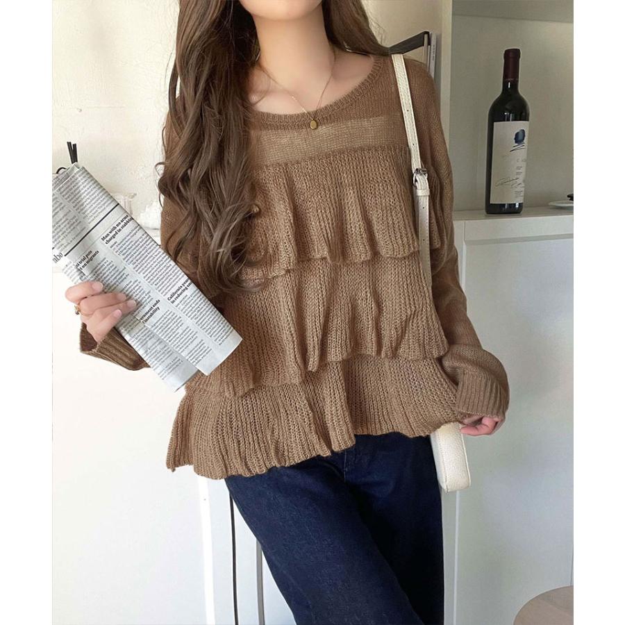 【 クラシカルエルフ classical elf 】 トップス ニット レディース 長袖 ふんわり ティアード フリル モヘア タッチ メッシュ編みニット レイヤードコーデ | classicalelf | 15