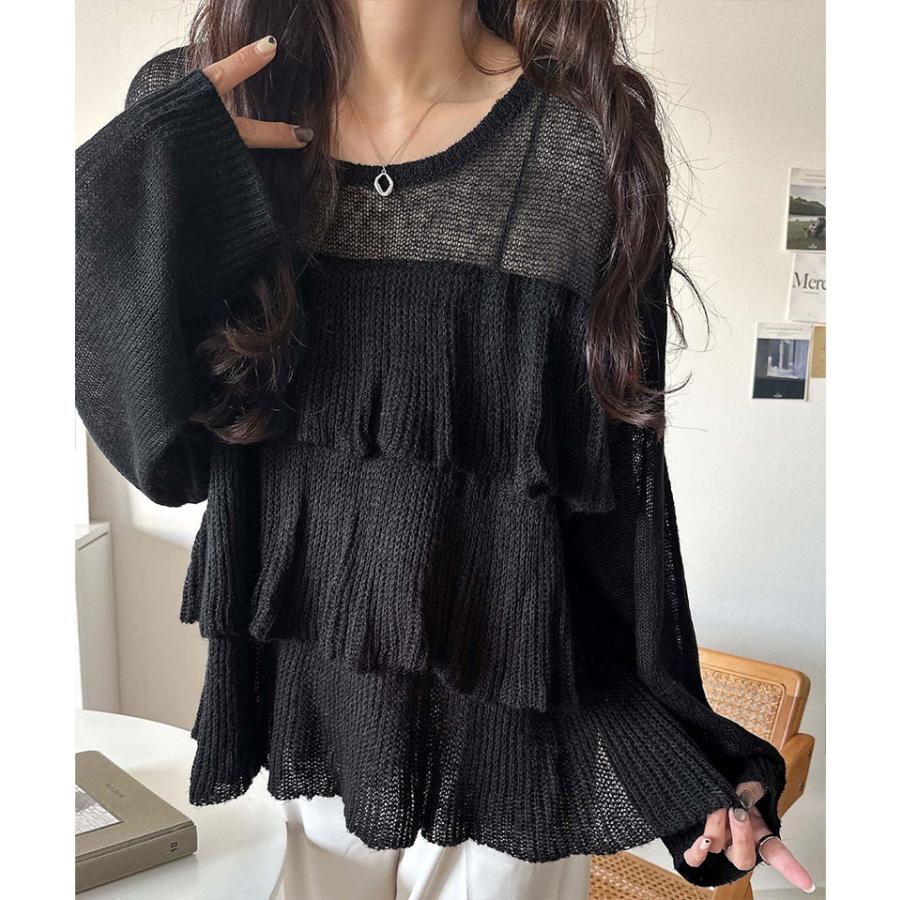 【 クラシカルエルフ classical elf 】 トップス ニット レディース 長袖 ふんわり ティアード フリル モヘア タッチ メッシュ編みニット レイヤードコーデ | classicalelf | 03