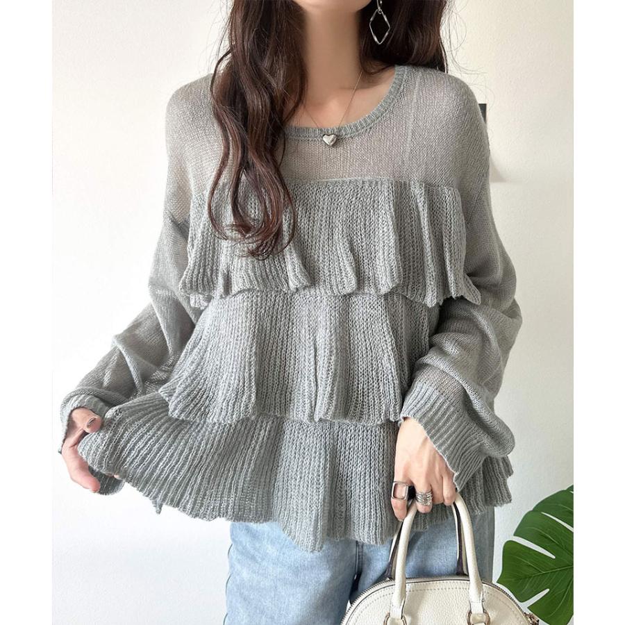 【 クラシカルエルフ classical elf 】 トップス ニット レディース 長袖 ふんわり ティアード フリル モヘア タッチ メッシュ編みニット レイヤードコーデ | classicalelf | 06