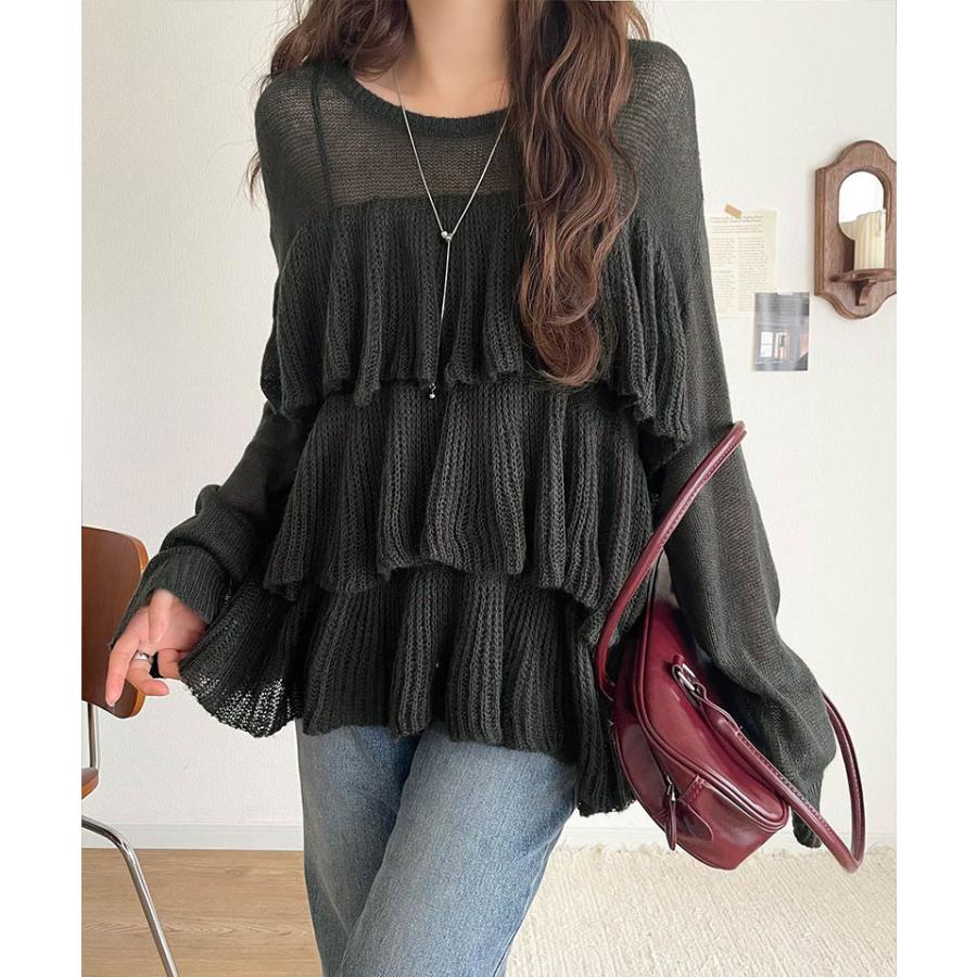 【 クラシカルエルフ classical elf 】 トップス ニット レディース 長袖 ふんわり ティアード フリル モヘア タッチ メッシュ編みニット レイヤードコーデ | classicalelf | 09