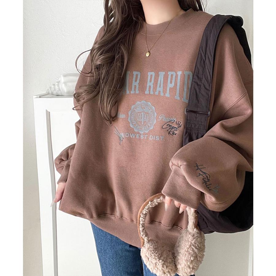 【 クラシカルエルフ classical elf 】スウェット レディース トップス 今っぽ カジュアル エンブレム 風 らくがき 刺繍 入り フロッキー プリント 裏起毛 | classicalelf | 06