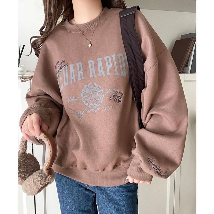 【 クラシカルエルフ classical elf 】スウェット レディース トップス 今っぽ カジュアル エンブレム 風 らくがき 刺繍 入り フロッキー プリント 裏起毛 | classicalelf | 07