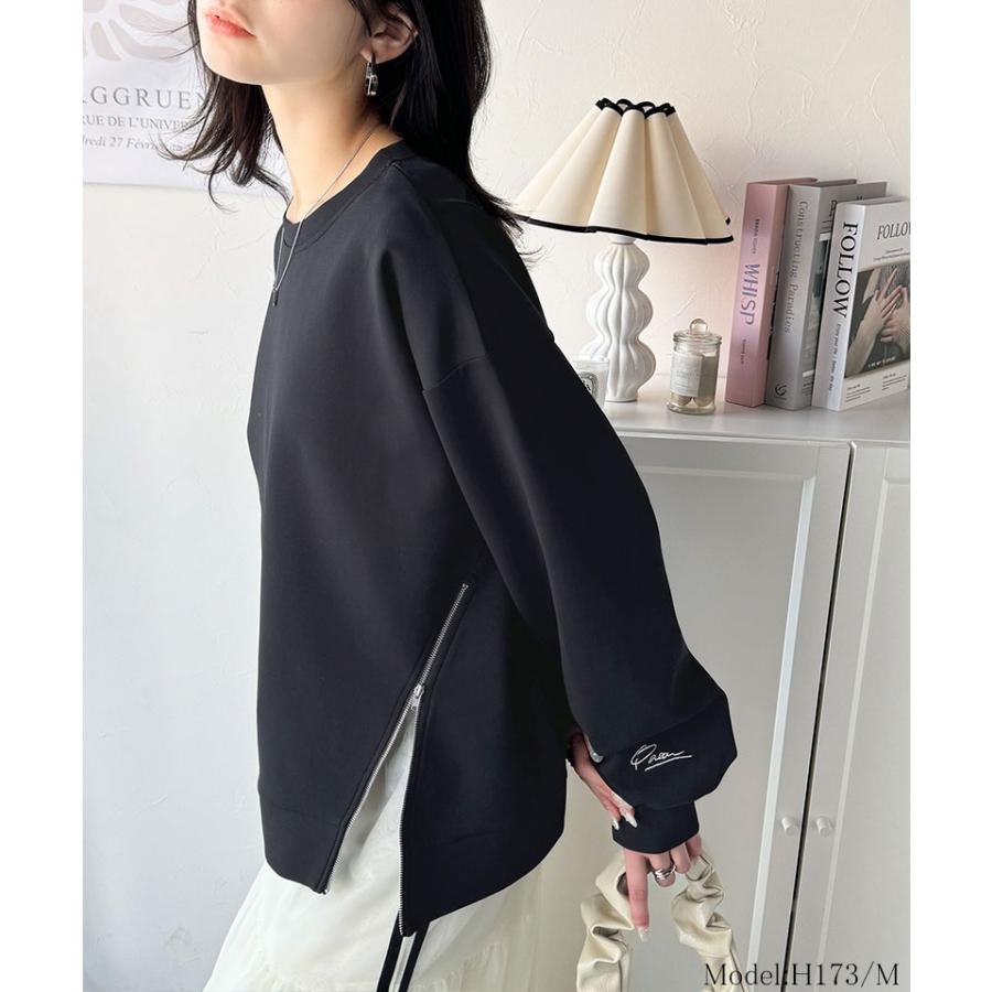 トップス Tシャツ レディース 袖口 ワンポイント 刺繍 アシメ ファスナー ラウンドネック ロンT 長袖 男女兼用 ユニセックス | classicalelf | 10